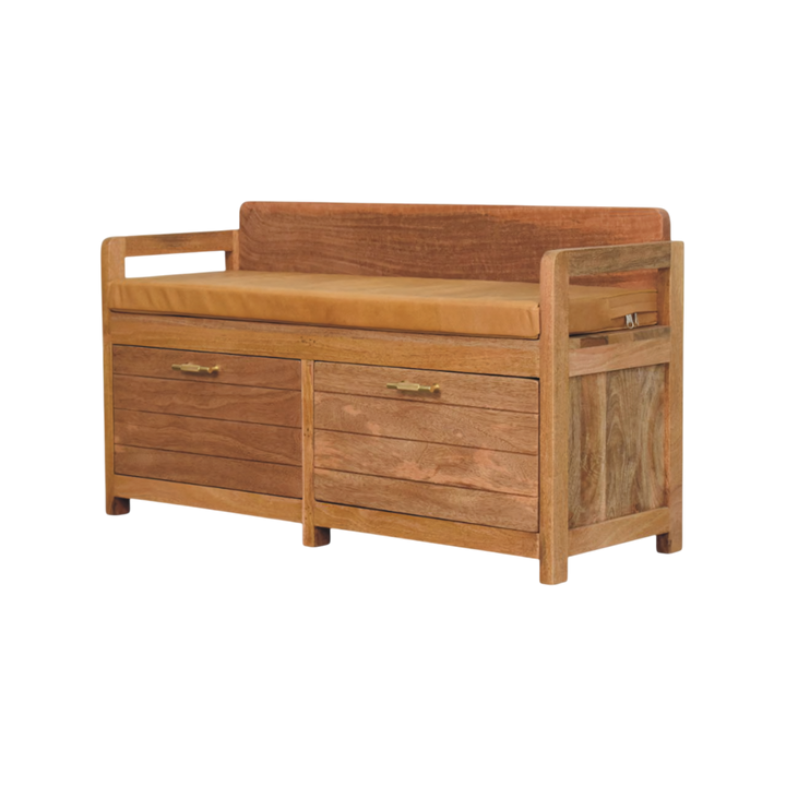 Brighton Storage Bench in Amber with Blonde Saddle, three-quarter view showing the full profile.