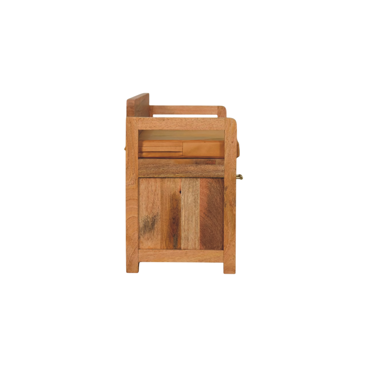 Brighton Storage Bench in Amber with Blonde Saddle, side view showing the depth.