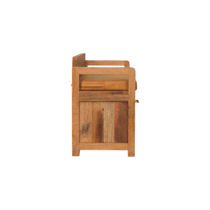 Brighton Storage Bench in Amber with Blonde Saddle, side view showing the depth.