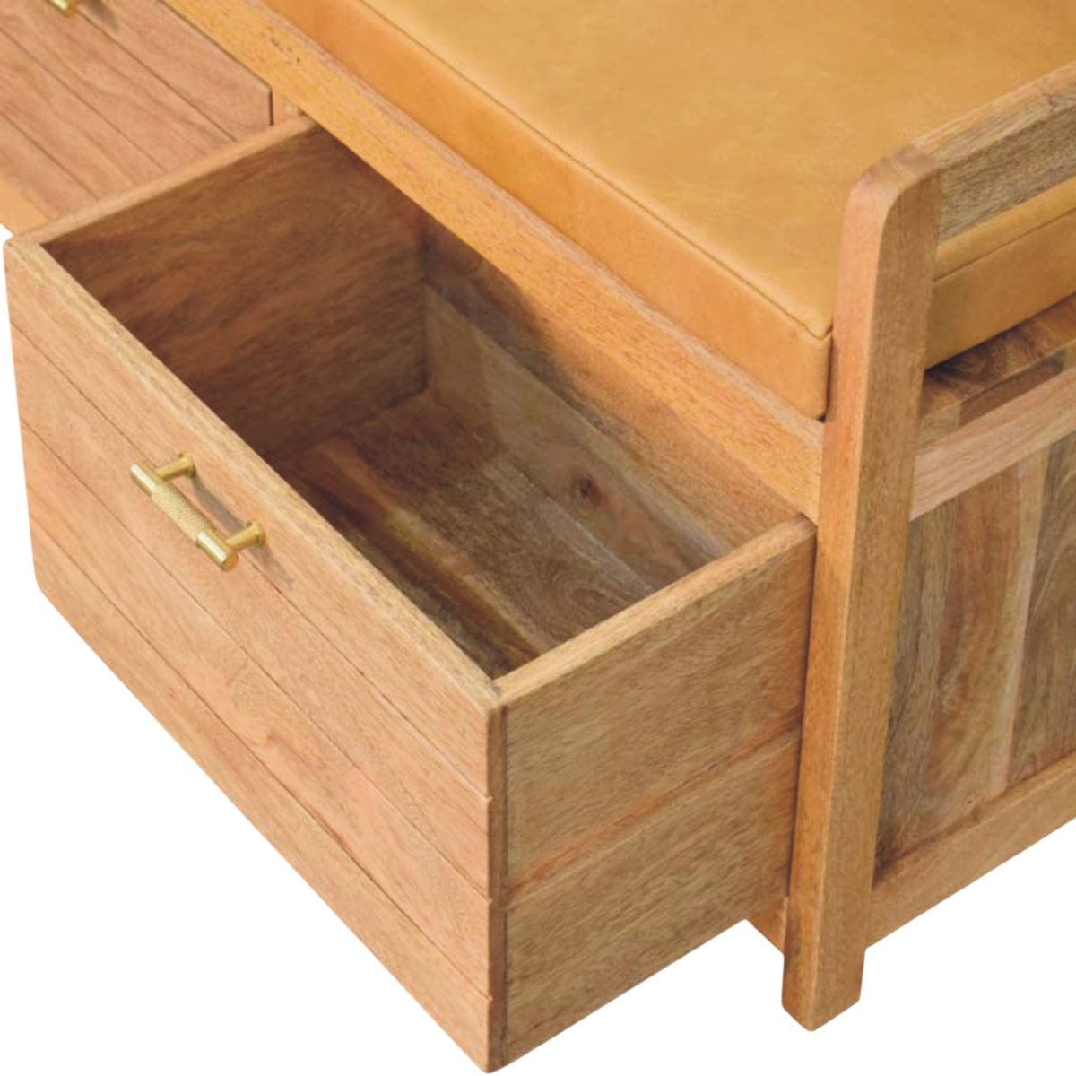 Brighton Storage Bench in Amber with Blonde Saddle, shown with a drawer open.