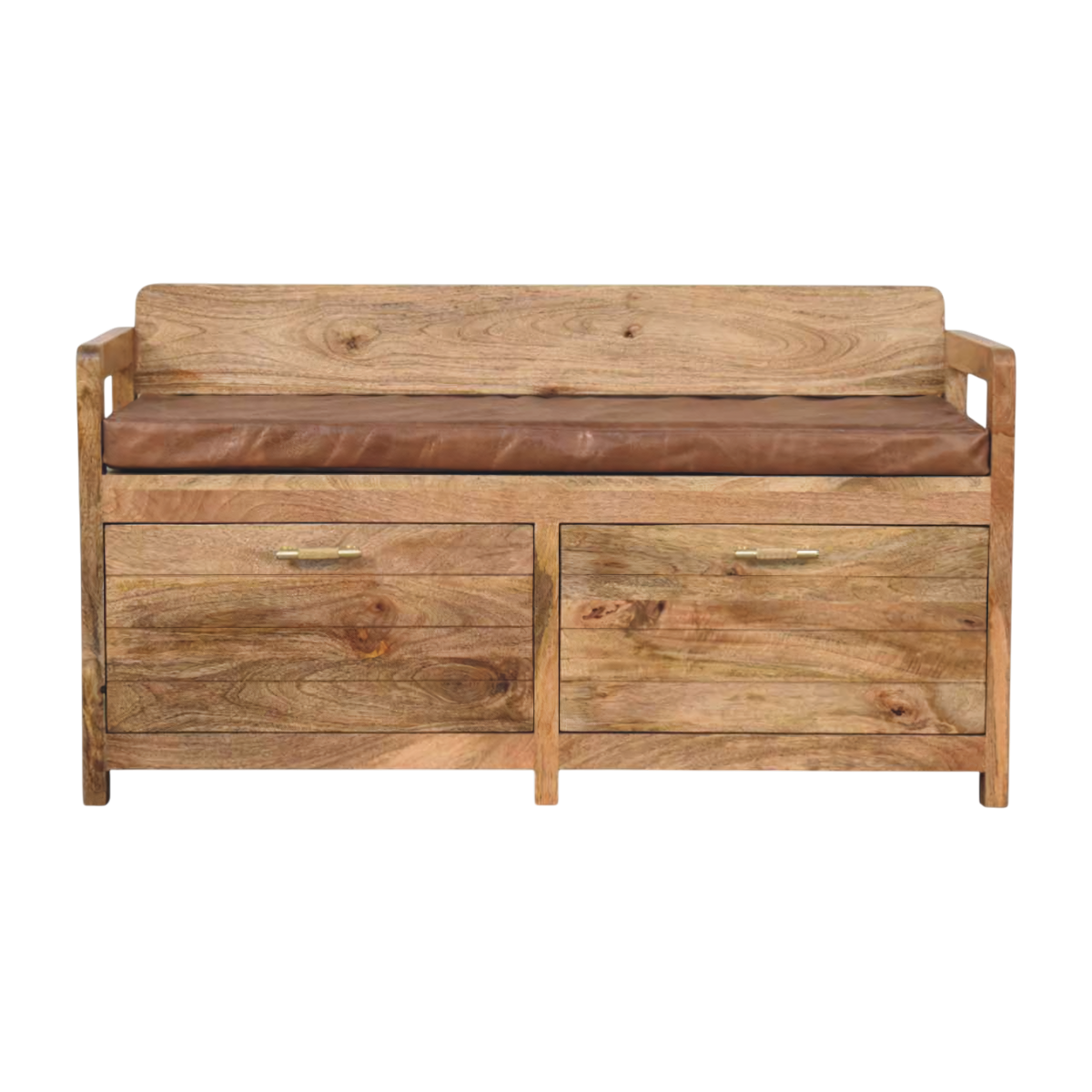 Brighton Storage Bench in Amber with Tobacco Leather, front view. Solid hardwood in an amber finish, low back and shaped arms, cushioned seat in tobacco leather.