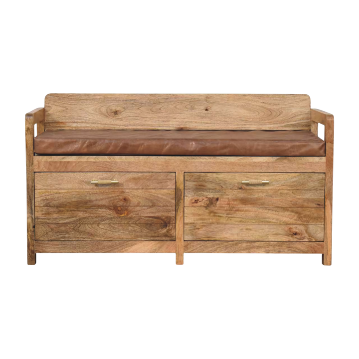 Brighton Storage Bench in Amber with Tobacco Leather, front view. Solid hardwood in an amber finish, low back and shaped arms, cushioned seat in tobacco leather.