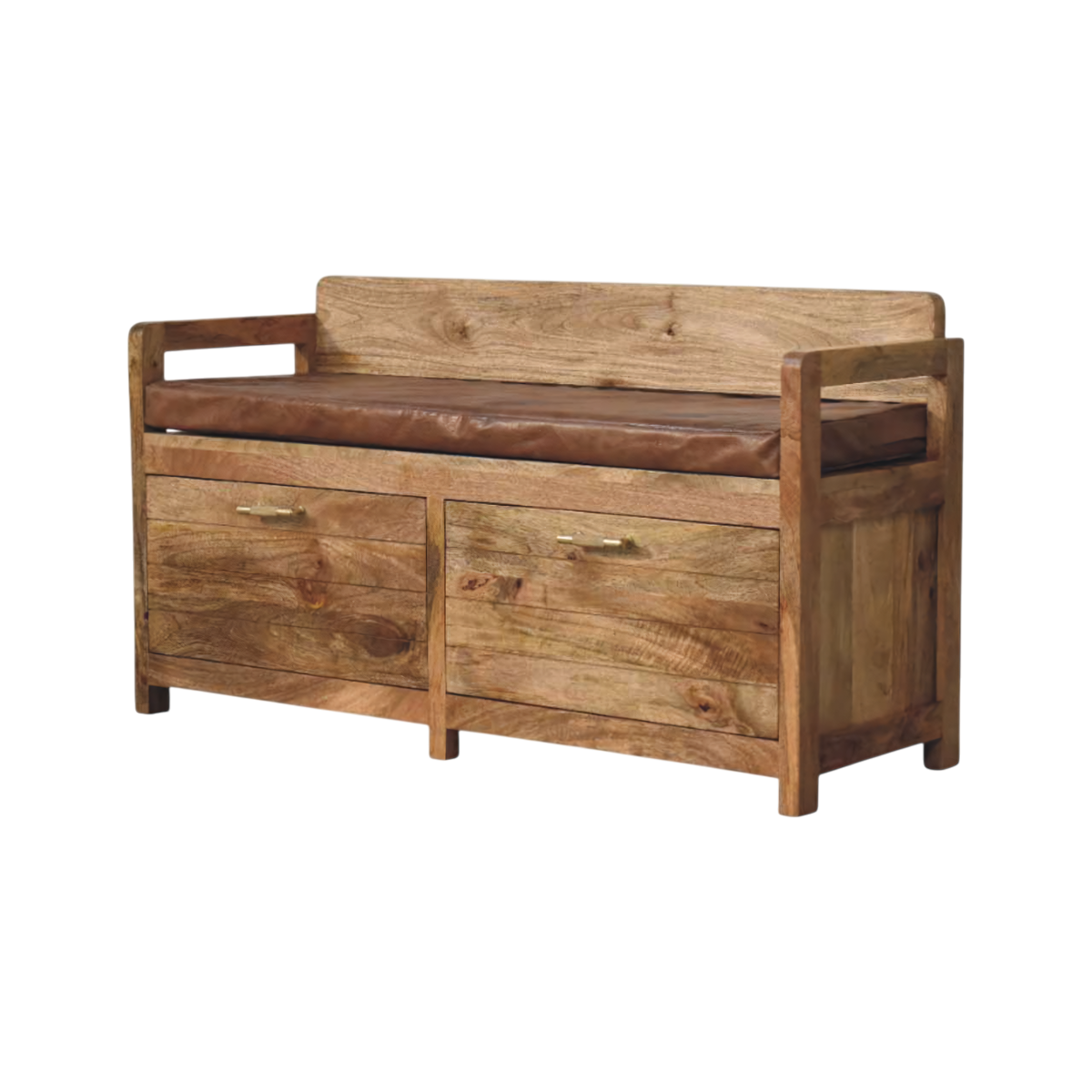 Brighton Storage Bench in Amber with Tobacco Leather, three-quarter view showing the full profile.