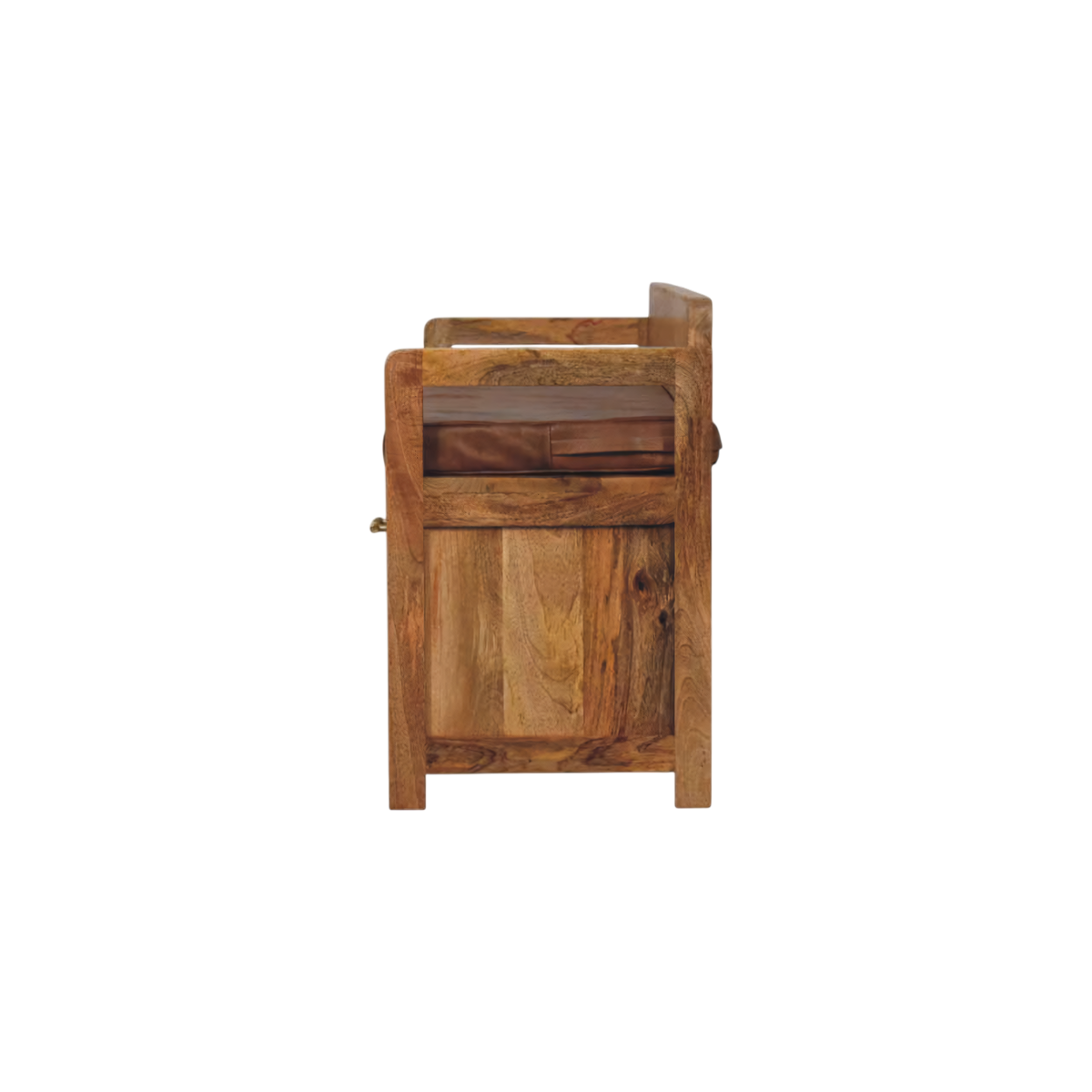 Brighton Storage Bench in Amber with Tobacco Leather, side view showing the depth.
