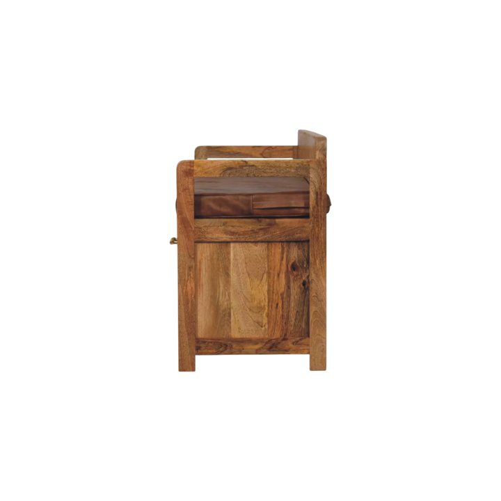 Brighton Storage Bench in Amber with Tobacco Leather, side view showing the depth.