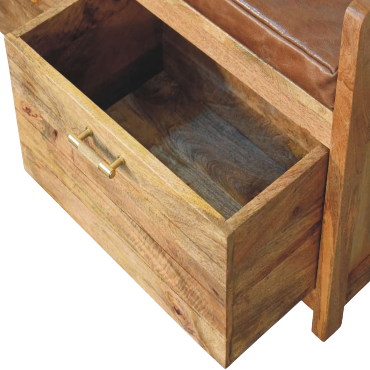 Brighton Storage Bench in Amber with Tobacco Leather, shown with a drawer open.