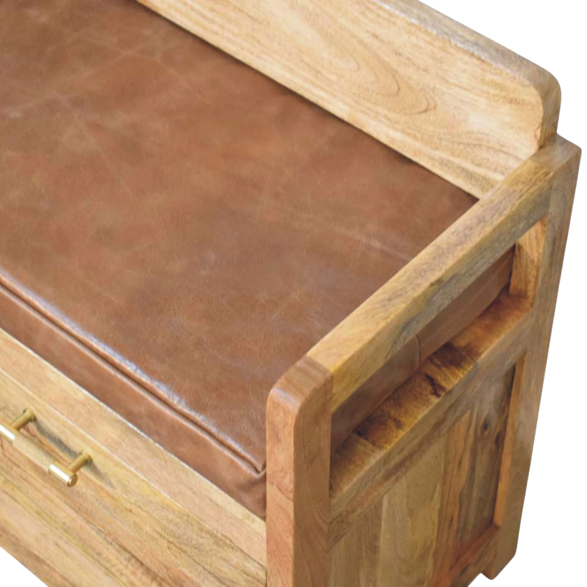 Close view of the seat on the Brighton Storage Bench in Amber with Tobacco Leather.