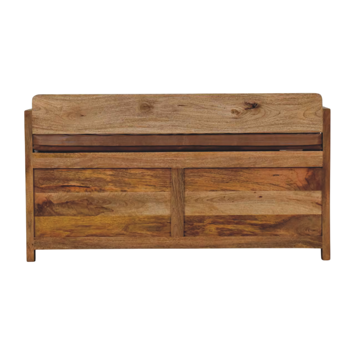 Brighton Storage Bench in Amber with Tobacco Leather, rear view.