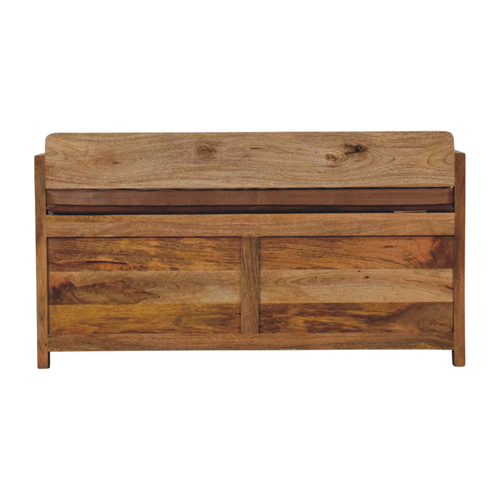 Brighton Storage Bench in Amber with Tobacco Leather, rear view.