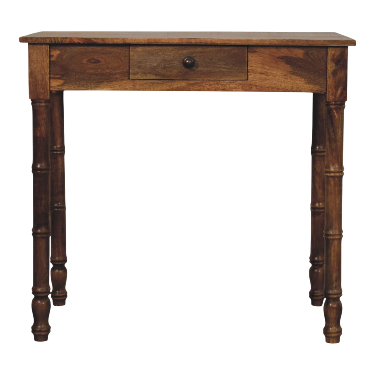 Brighton Writing Desk in Amber, front view. Amber hardwood with bamboo-inspired turned legs.