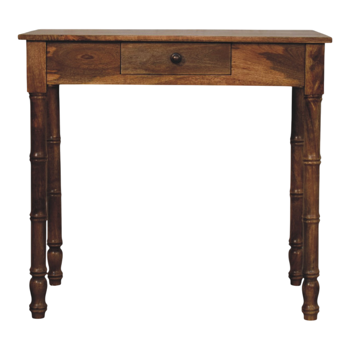 Brighton Writing Desk in Amber, front view. Amber hardwood with bamboo-inspired turned legs.