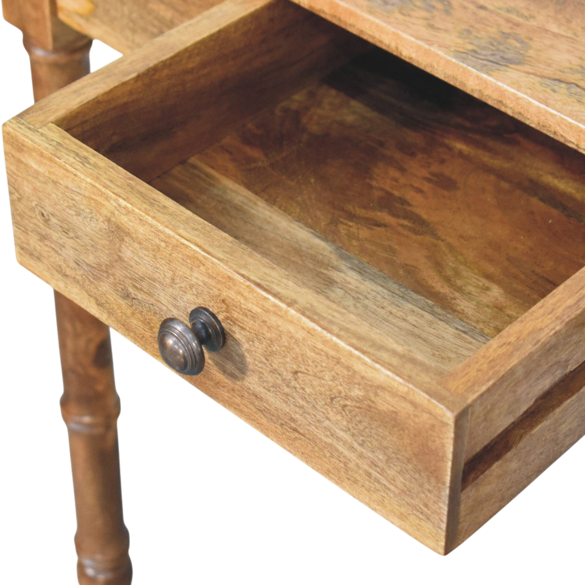 Brighton Writing Desk in Amber, shown with a drawer open.
