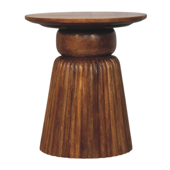 Capri Fluted Pedestal Table in Amber, front view. Solid hardwood throughout, amber finish, fluted pedestal base under a round top.