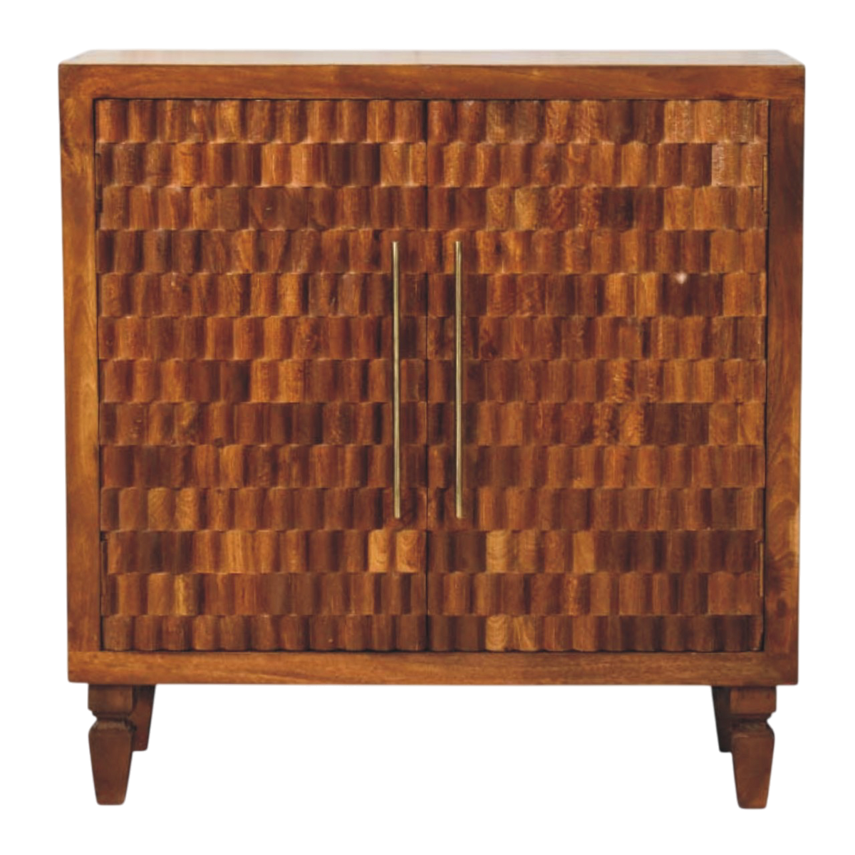 Cartagena Carved Cabinet in Chestnut, front view. 100% solid hardwood in a chestnut finish, two hand-carved door fronts, slim brass handles, tapered legs.