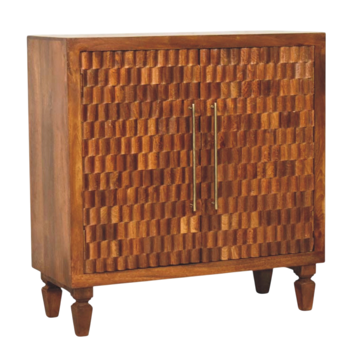 Cartagena Carved Cabinet in Chestnut, three-quarter view showing the full profile.