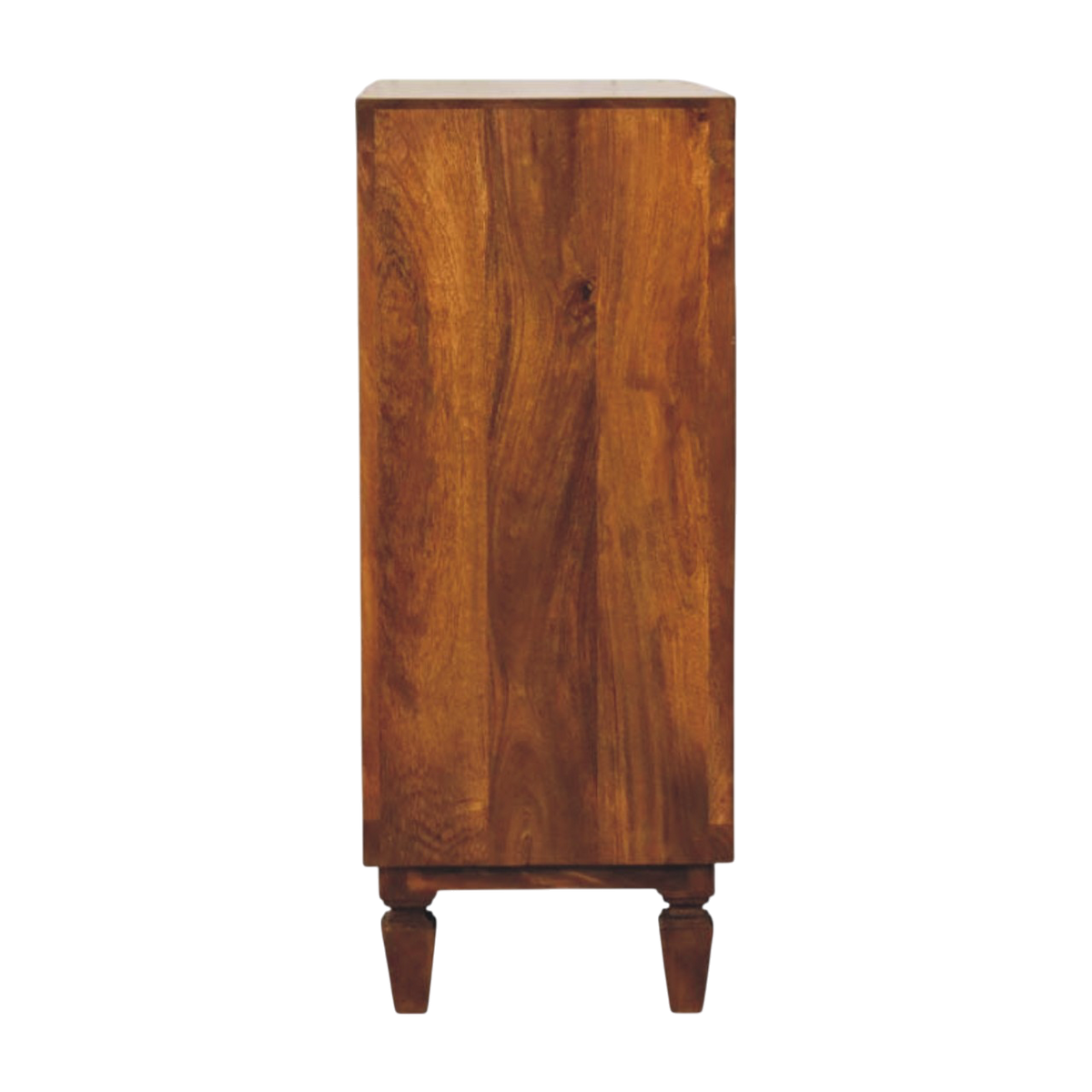Cartagena Carved Cabinet in Chestnut, side view showing the depth.