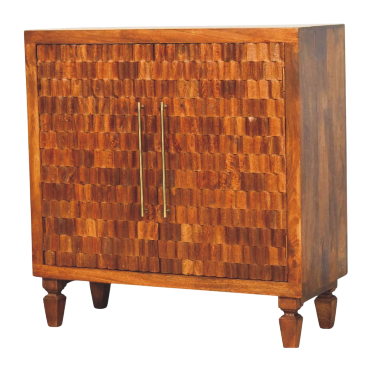 Cartagena Carved Cabinet in Chestnut, three-quarter view from the opposite side.