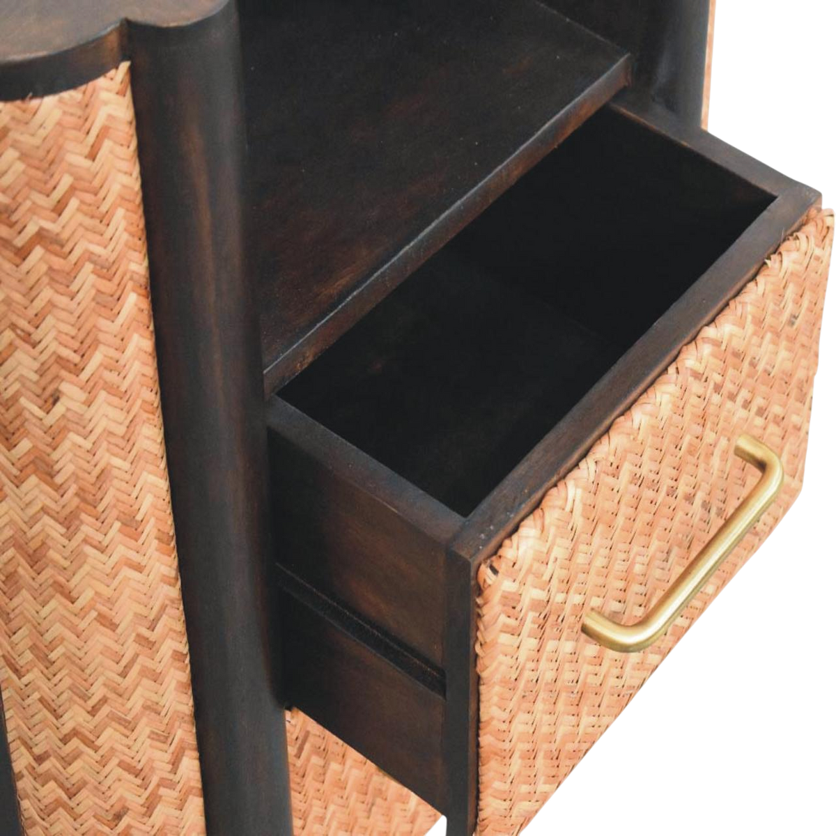 Cartagena Open-Shelf Nightstand in Espresso with Natural Rattan, shown with a drawer open.
