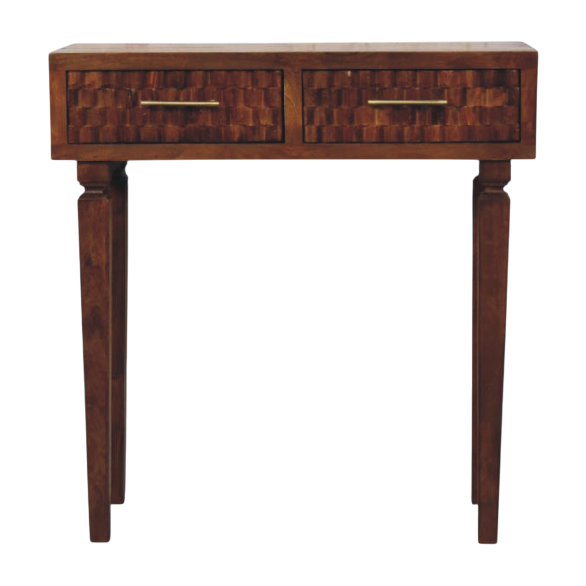 Cartagena Textured Console Table in Chestnut, front view. 100% solid hardwood in a chestnut finish, raised-texture drawer fronts, slim brass handles.