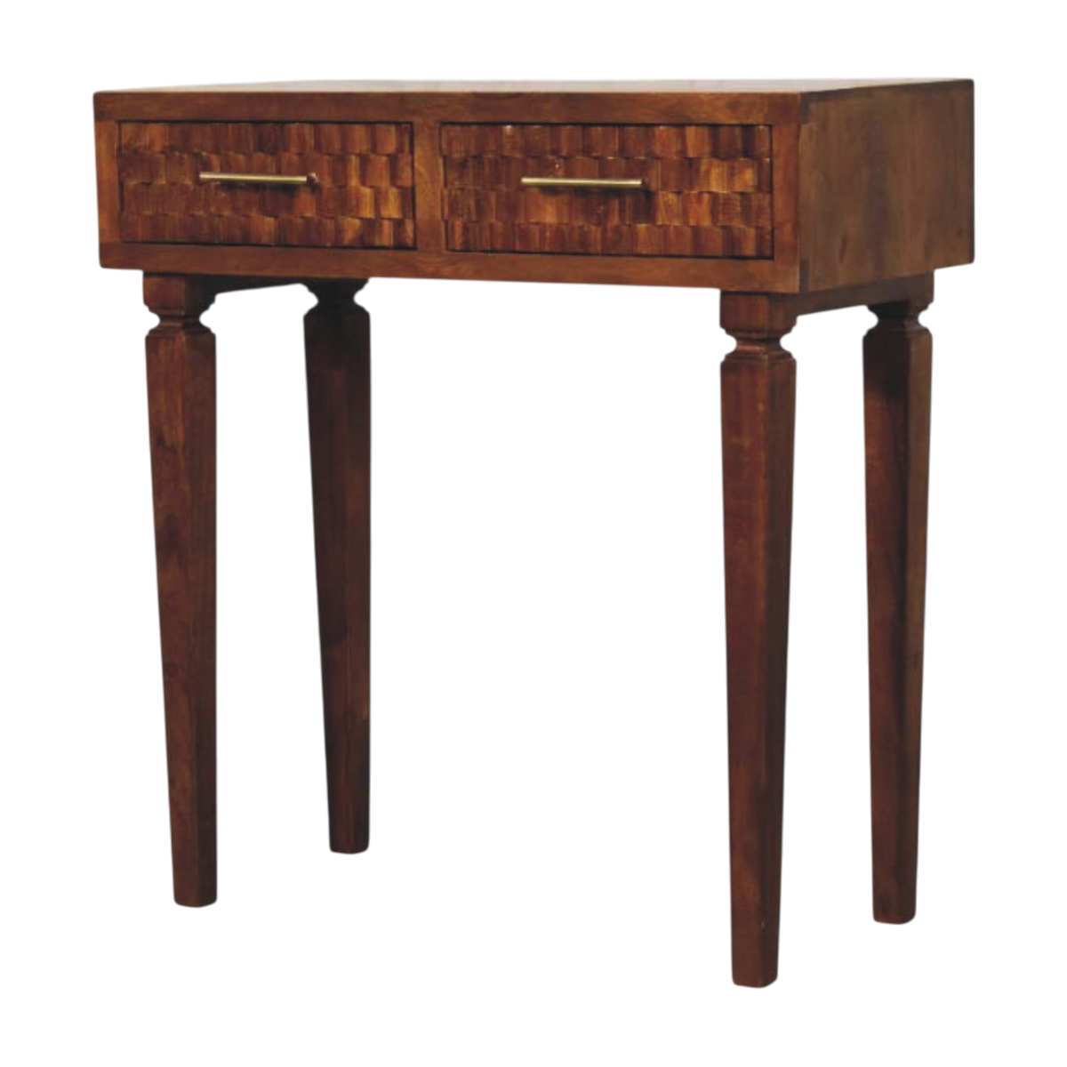 Cartagena Textured Console Table in Chestnut, three-quarter view showing the full profile.