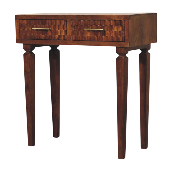 Cartagena Textured Console Table in Chestnut, three-quarter view showing the full profile.