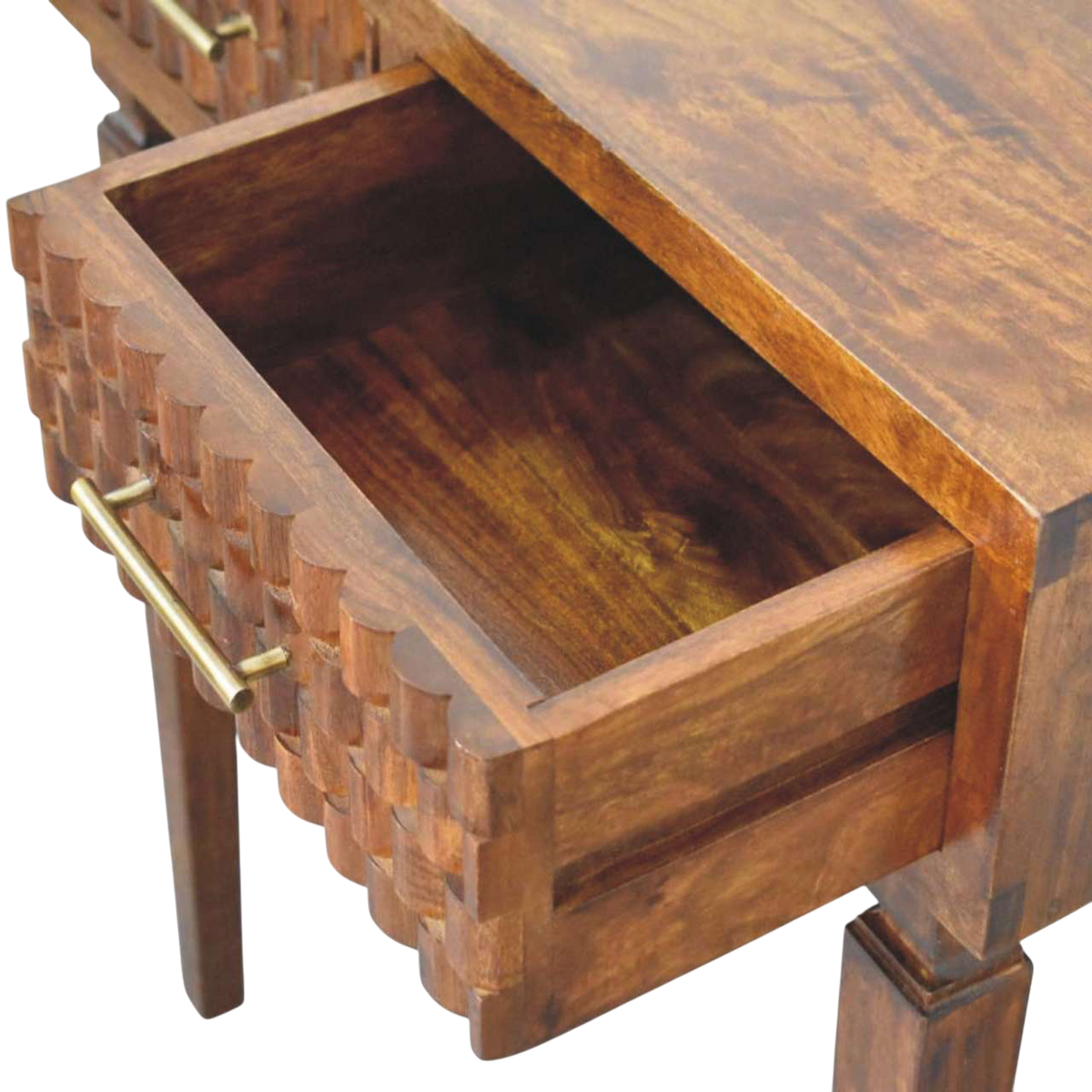 Cartagena Textured Console Table in Chestnut, shown with a drawer open.