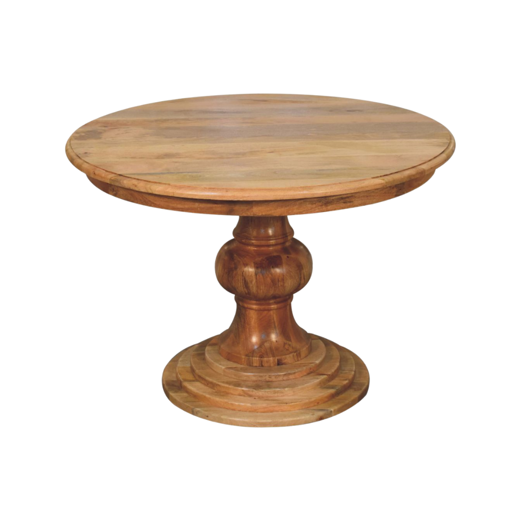 Cavendish Round Dining Table in Amber, front view. Round top on a turned pedestal base.