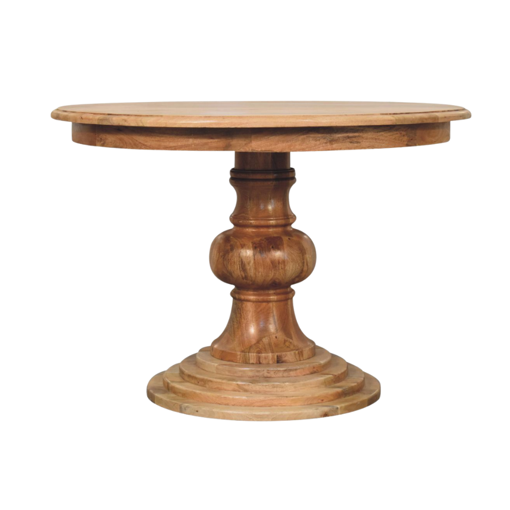 Cavendish Round Dining Table in Amber, side view showing table height and pedestal profile.
