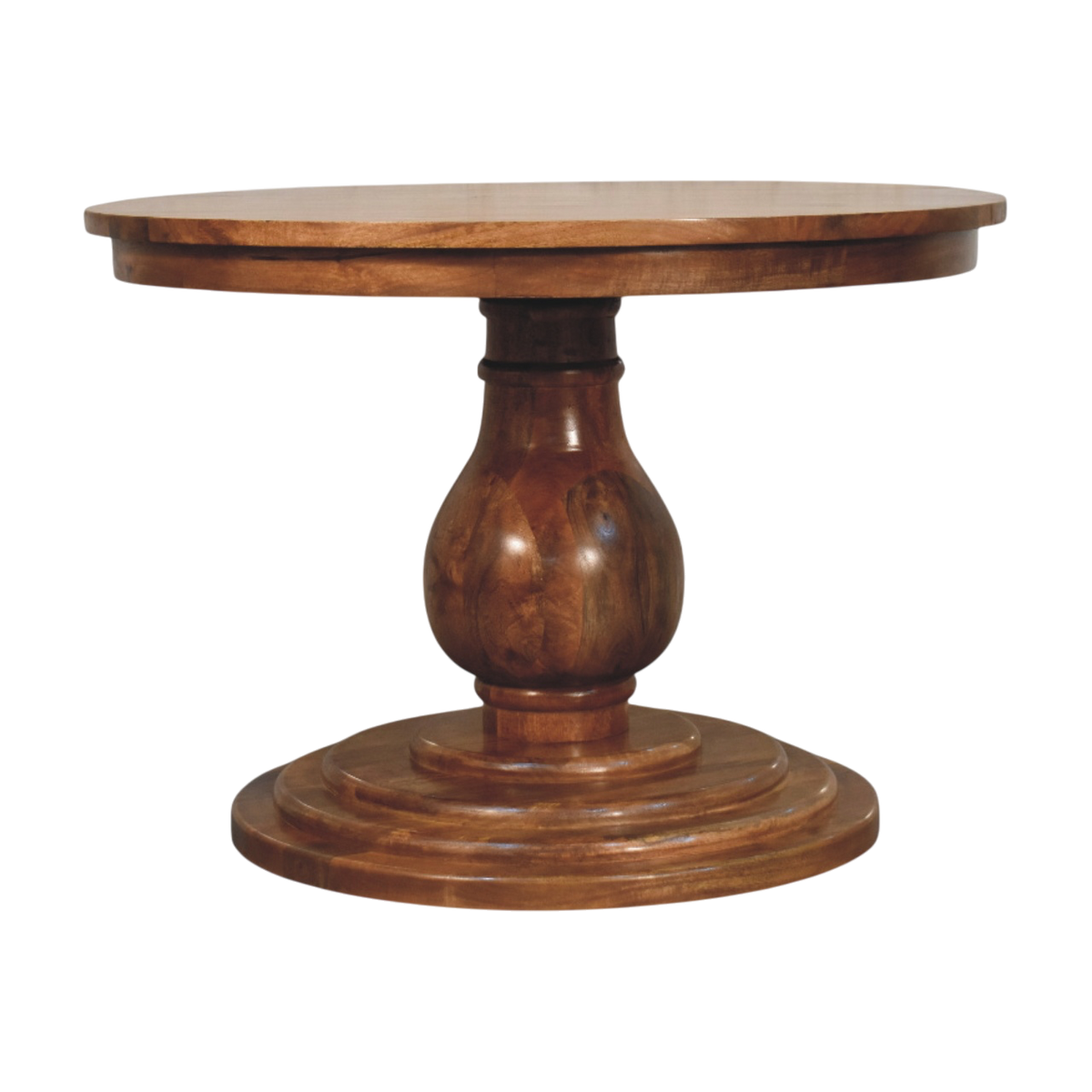 Cavendish Round Dining Table in Chestnut, front view. A circular top on a sculpted chestnut pedestal.