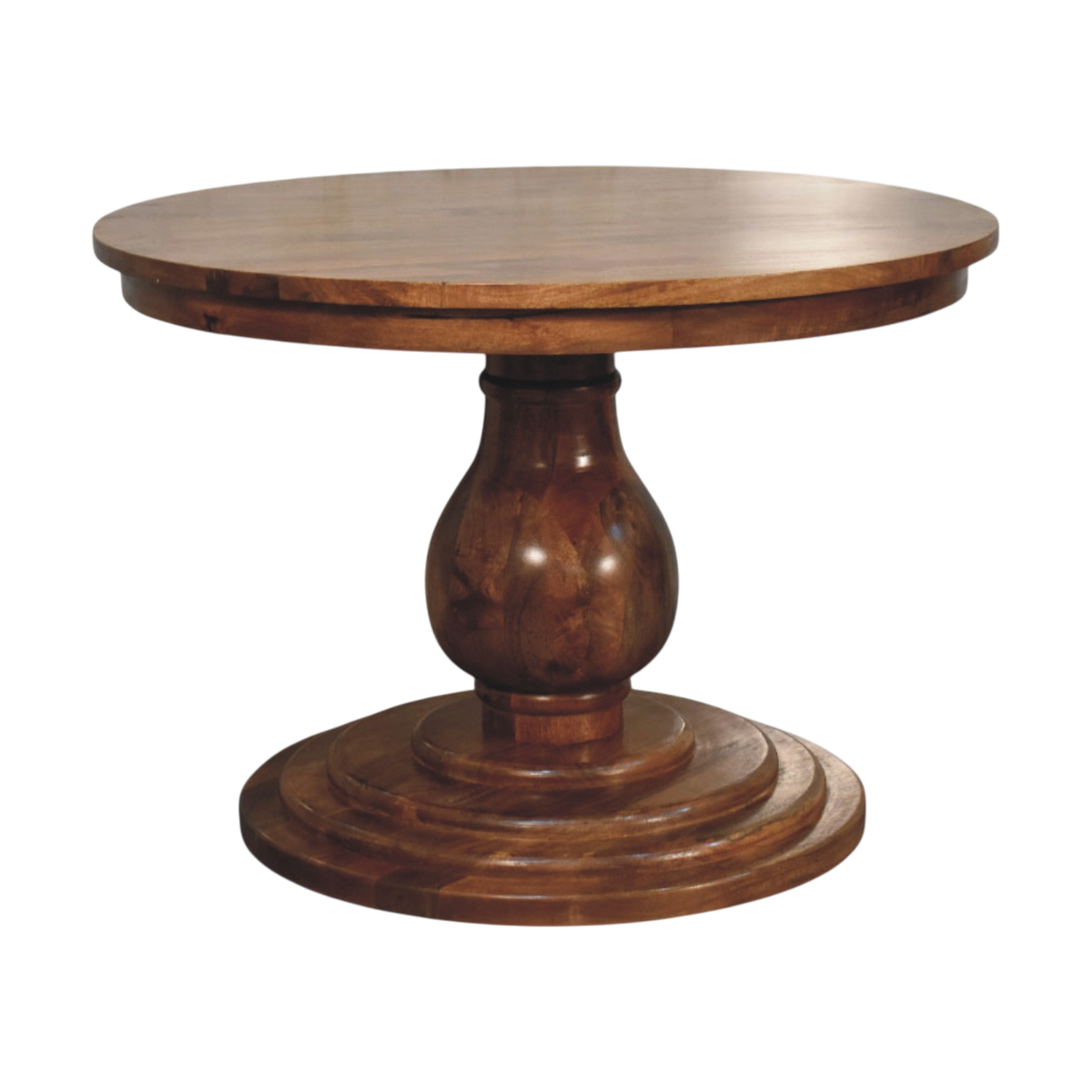 Cavendish Round Dining Table in Chestnut, three-quarter view showing the full profile.