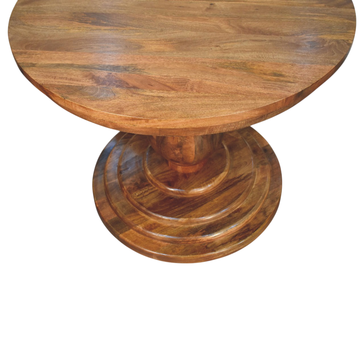 Cavendish Round Dining Table in Chestnut, viewed from above.