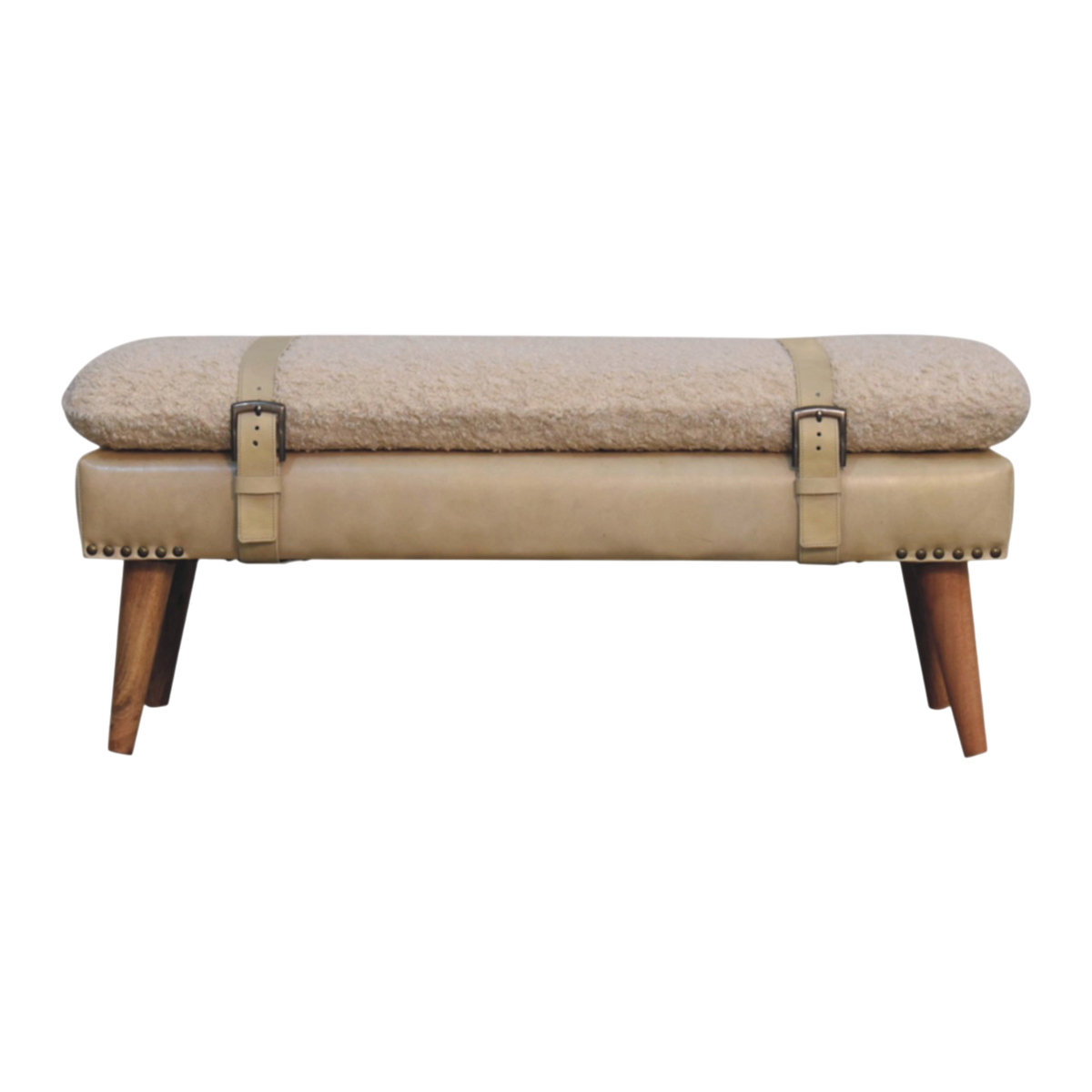 Chamonix Belted Bench in Cream Bouclé with Almond Leather, front view. Almond hide leather over the base with antique brass nailhead trim.