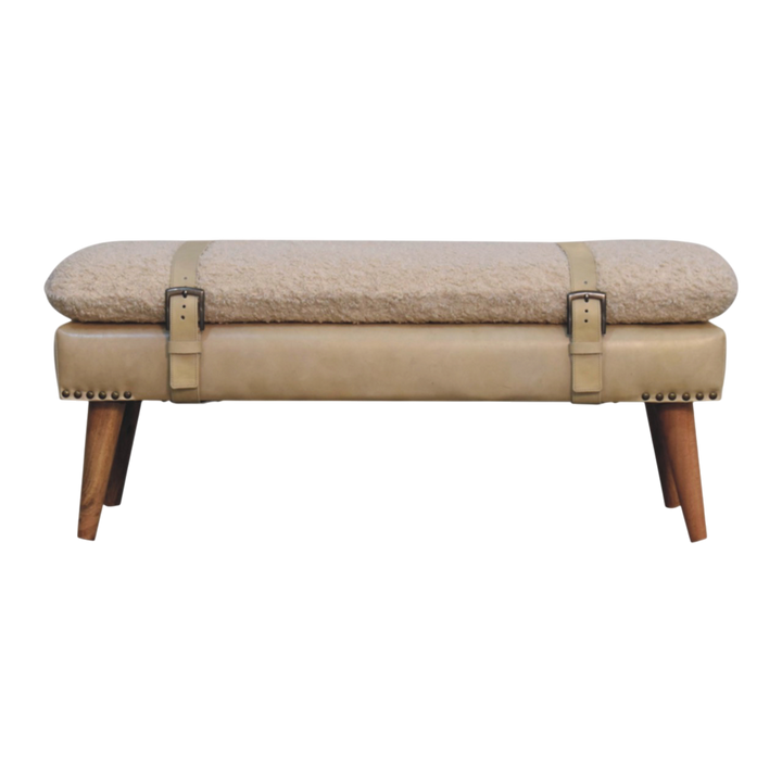 Chamonix Belted Bench in Cream Bouclé with Almond Leather, front view. Almond hide leather over the base with antique brass nailhead trim.
