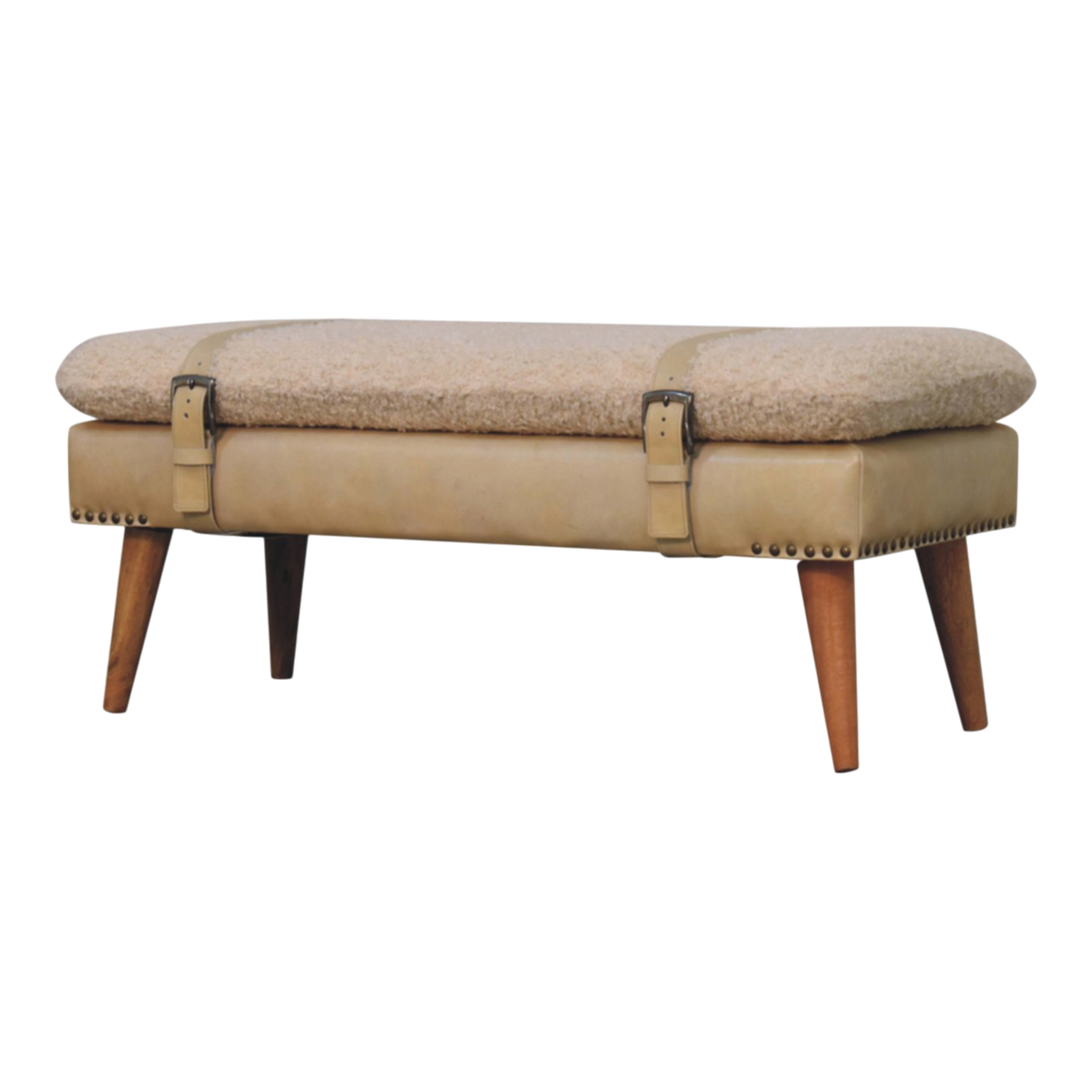 Chamonix Belted Bench in Cream Bouclé with Almond Leather, three-quarter view showing the full profile.