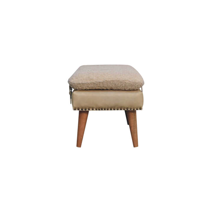 Chamonix Belted Bench in Cream Bouclé with Almond Leather, side view showing the depth.