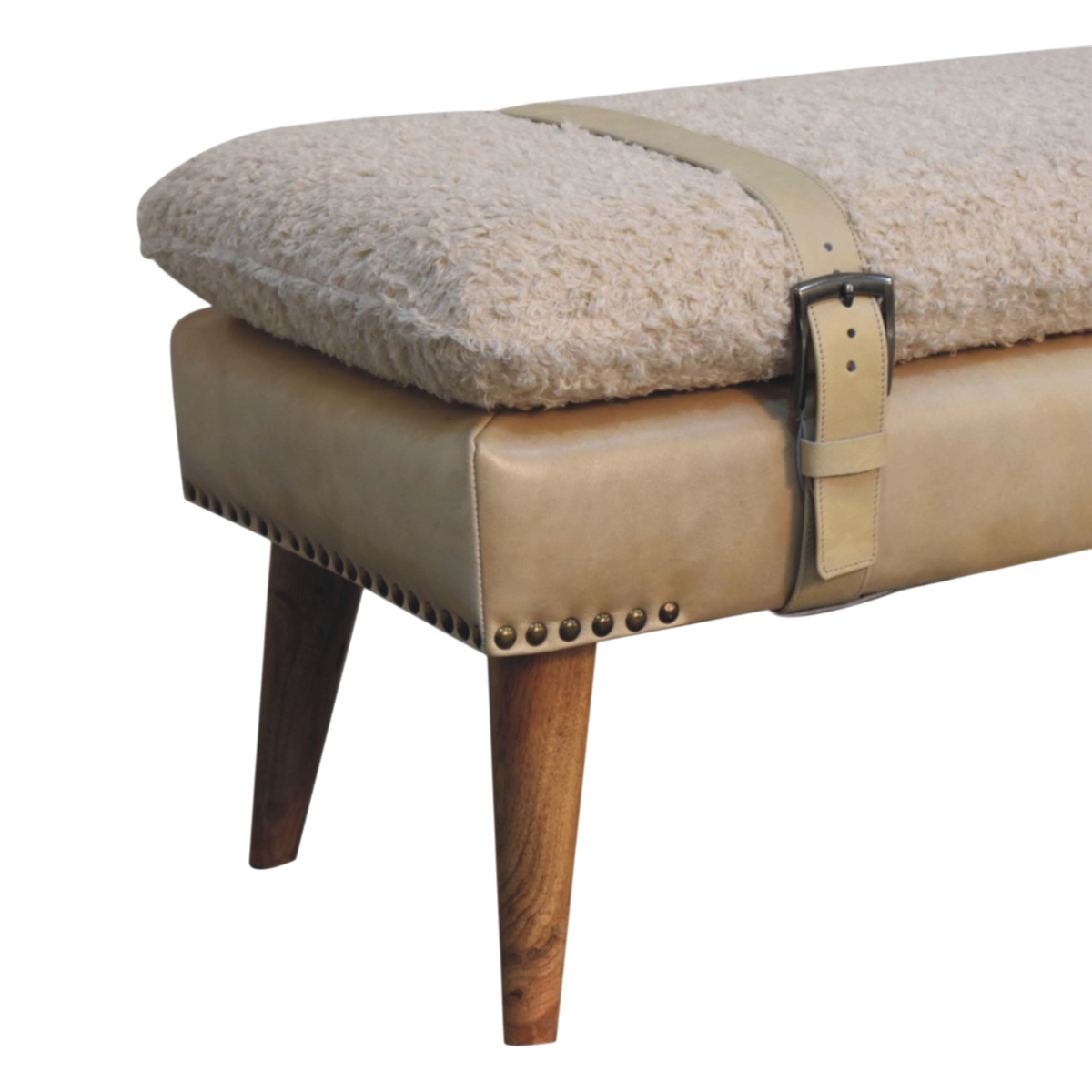 Close view of the strap and buckle on the Chamonix Belted Bench in Cream Bouclé with Almond Leather.