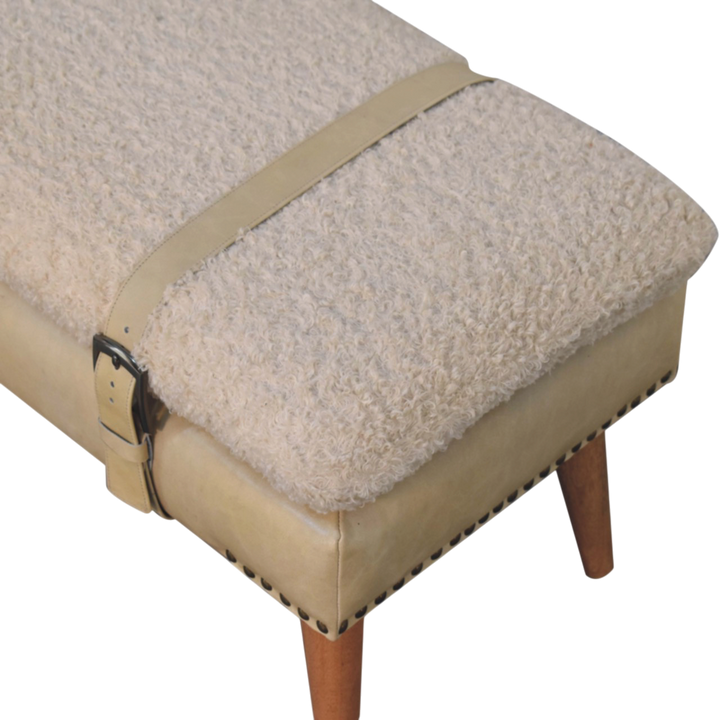 Close view of the bouclé on the Chamonix Belted Bench in Cream Bouclé with Almond Leather.