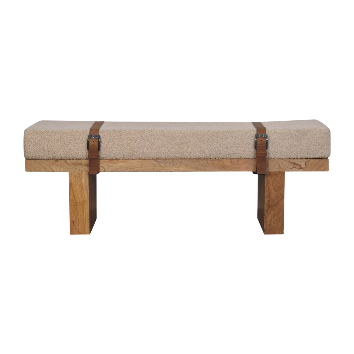 Chamonix Buckled Bench in Cream Bouclé with Tobacco Leather, front view. Cream bouclé in cotton and natural yarn over a 100% solid hardwood frame, tobacco leather buckled straps.