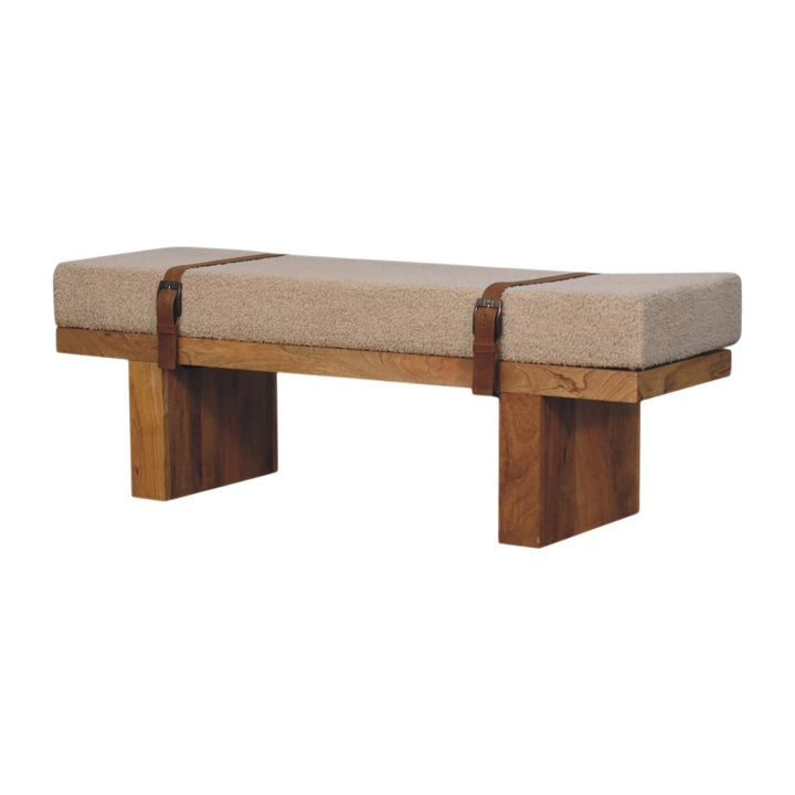Chamonix Buckled Bench in Cream Bouclé with Tobacco Leather, three-quarter view showing the full profile.