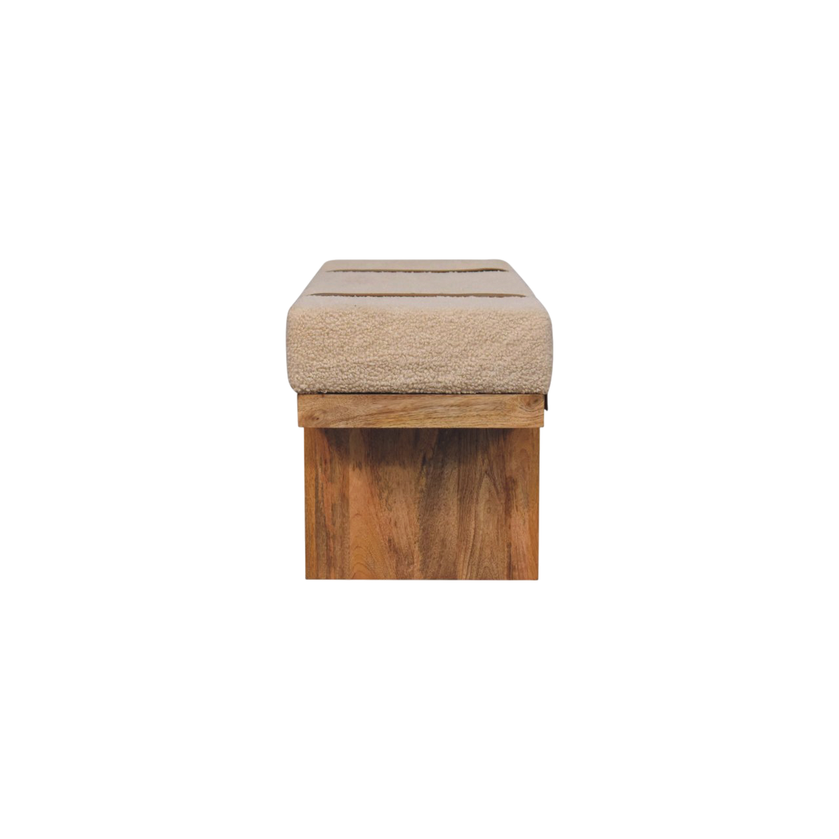 Chamonix Buckled Bench in Cream Bouclé with Tobacco Leather, side view showing the depth.