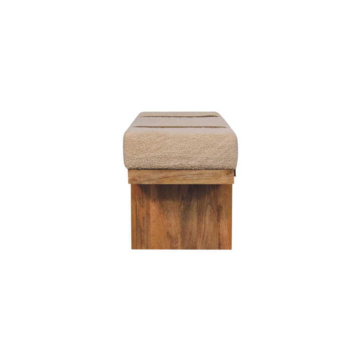 Chamonix Buckled Bench in Cream Bouclé with Tobacco Leather, side view showing the depth.