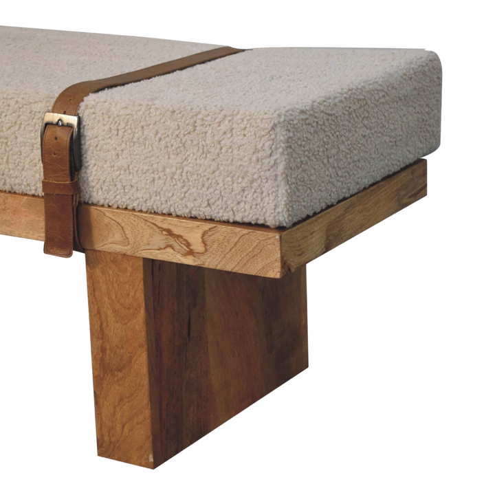 Close view of the bouclé on the Chamonix Buckled Bench in Cream Bouclé with Tobacco Leather.