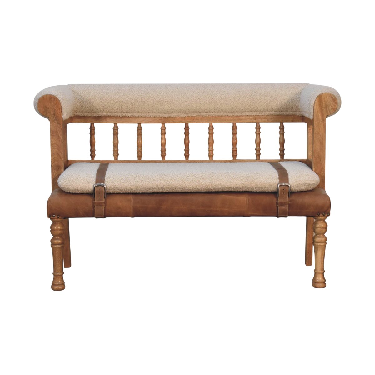 Chamonix Carved Hall Bench in Cream Bouclé with Tobacco Leather, front view. Cream bouclé in cotton and natural yarn on seat and back, tobacco leather buckle straps.