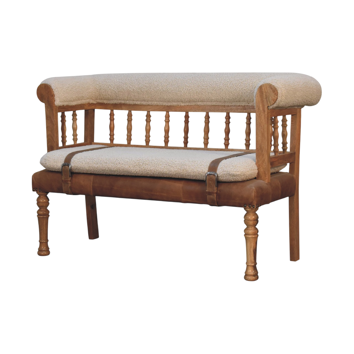 Chamonix Carved Hall Bench in Cream Bouclé with Tobacco Leather, three-quarter view showing the full profile.