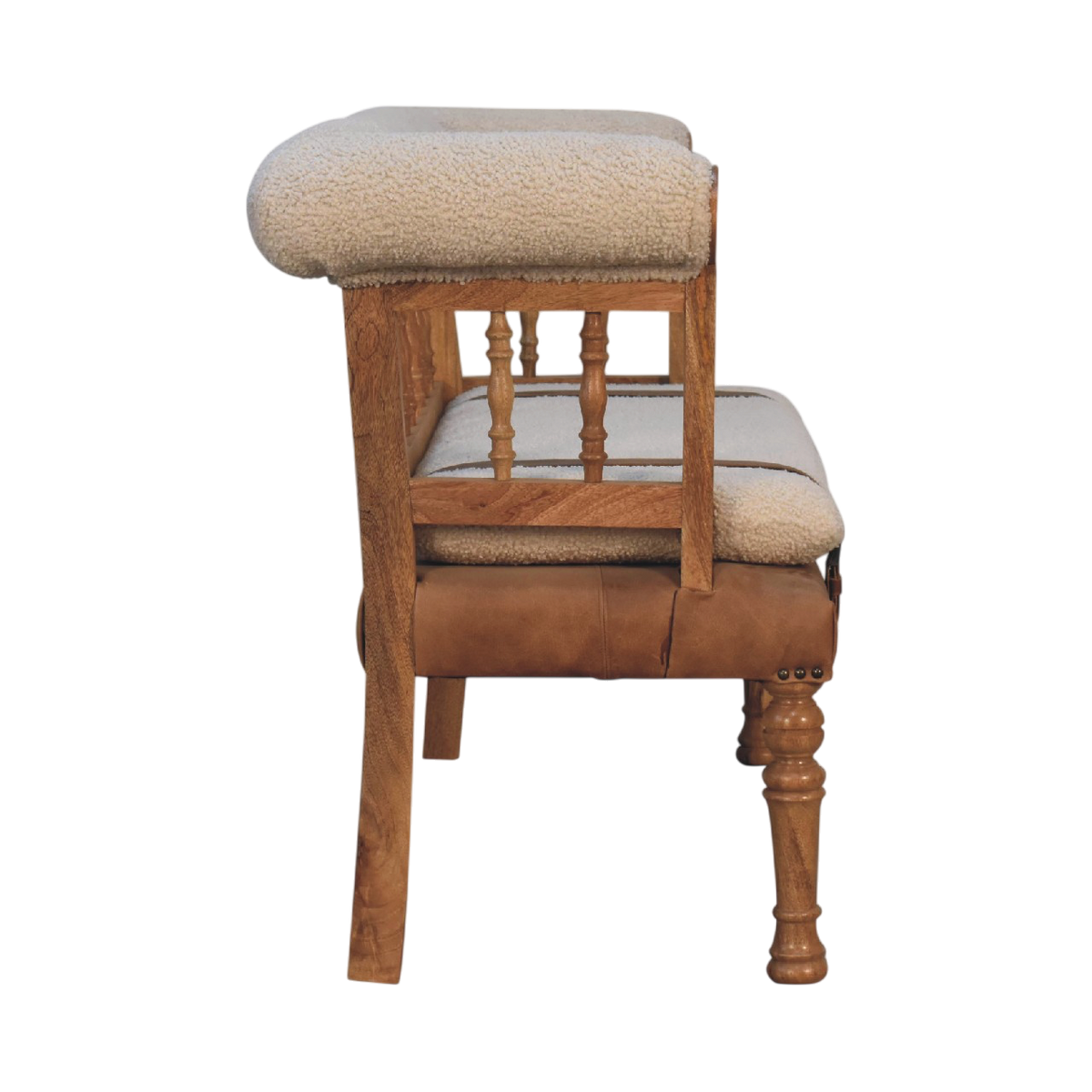 Chamonix Carved Hall Bench in Cream Bouclé with Tobacco Leather, side view showing the depth.