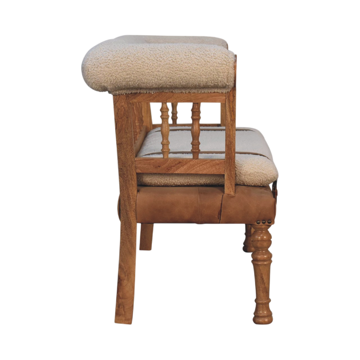 Chamonix Carved Hall Bench in Cream Bouclé with Tobacco Leather, side view showing the depth.
