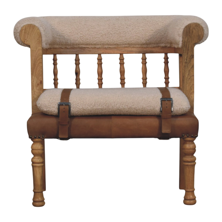 Chamonix Spindle-Back Bench in Cream Bouclé with Tobacco Leather, front view. Cream bouclé in cotton and natural yarn with tobacco leather straps.
