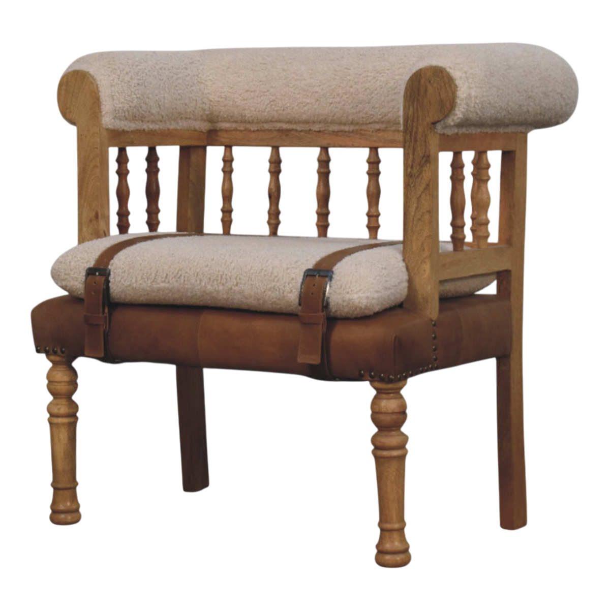 Chamonix Spindle-Back Bench in Cream Bouclé with Tobacco Leather, three-quarter view showing the full profile.