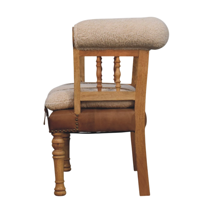 Chamonix Spindle-Back Bench in Cream Bouclé with Tobacco Leather, side view showing the depth.