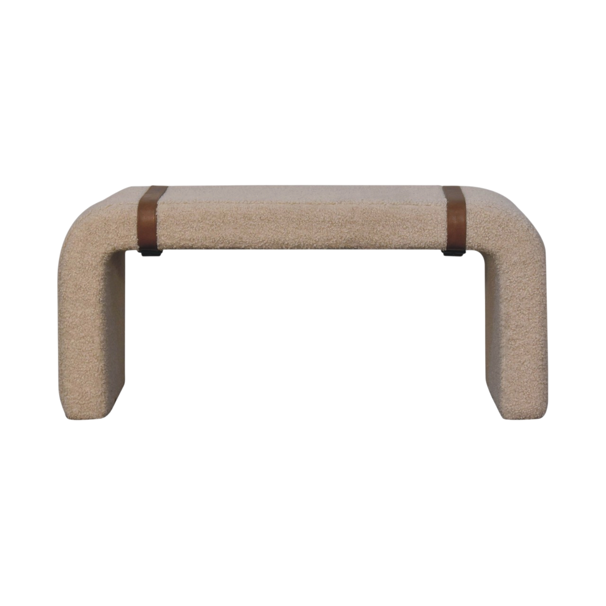 Chamonix Strap Bench in Cream Bouclé, front view. Handwoven bouclé in cotton and natural yarn over a curved cushioned body.